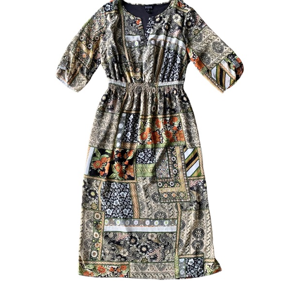 Enfocus Women Multicolor Patchwork Print 3/4 Sleeve Side Slits Midi Dress - Picture 11 of 11